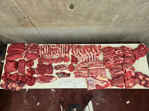 An assortment of raw ground beef and marbled cuts of meat arranged on a white table in a butcher-style display, with a handwritten price sign visible near the bottom center.